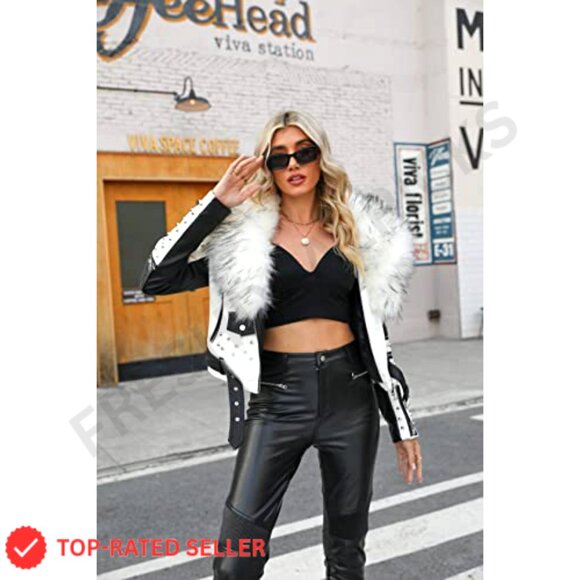 Faux Leather Jacket Studded Rivet Floral Moto Biker Short Lapel Coat - Picture 5 of 7